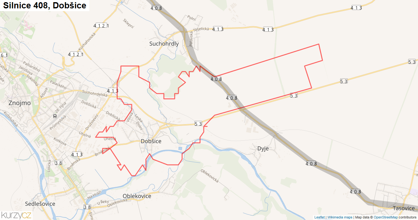 Dobšice, Silnice 408 - Mapa