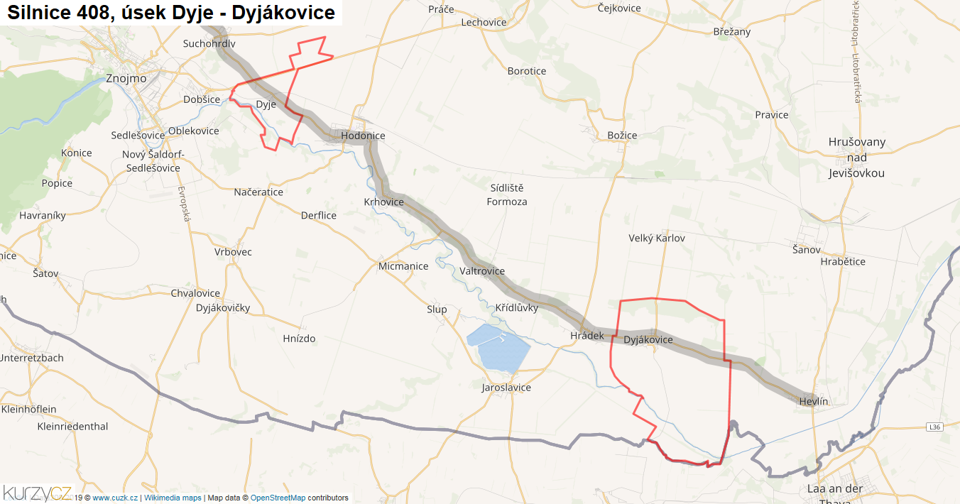 Úsek Dyje - Dyjákovice, Silnice 408 - Mapa