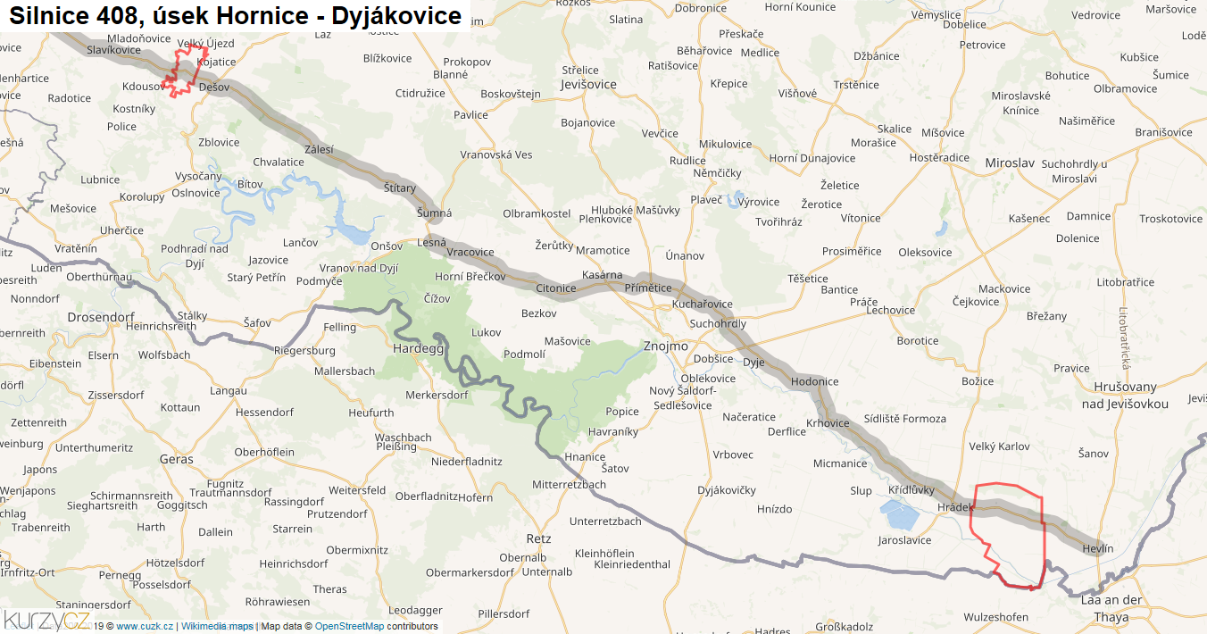 Úsek Hornice - Dyjákovice, Silnice 408 - Mapa