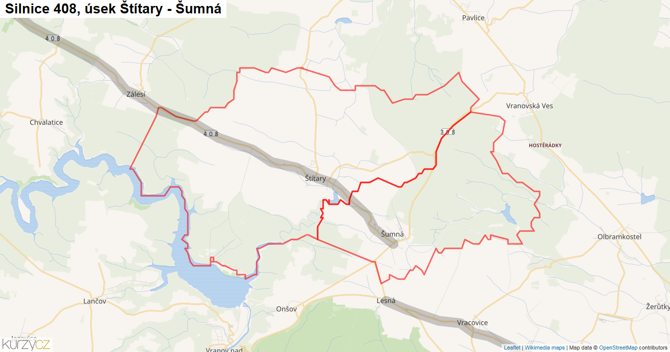 Úsek Štítary - Šumná, Silnice 408 - Mapa