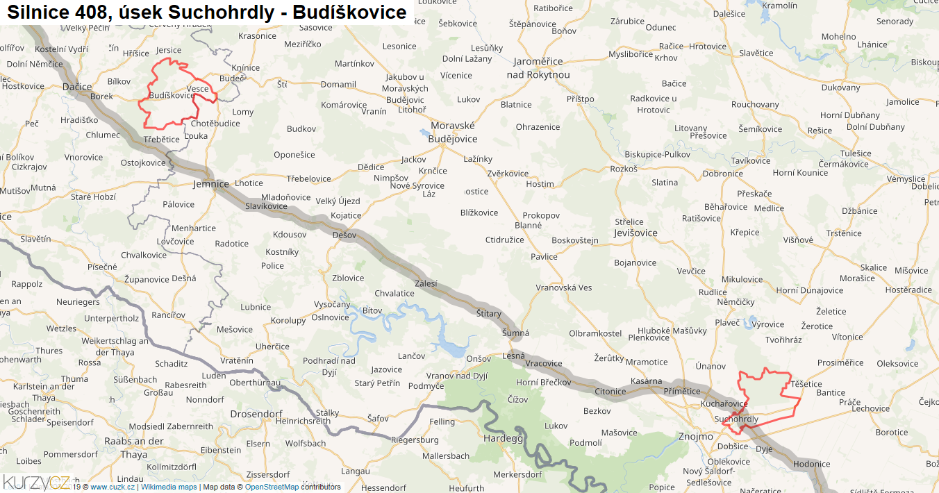 Úsek Suchohrdly - Budíškovice, Silnice 408 - Mapa