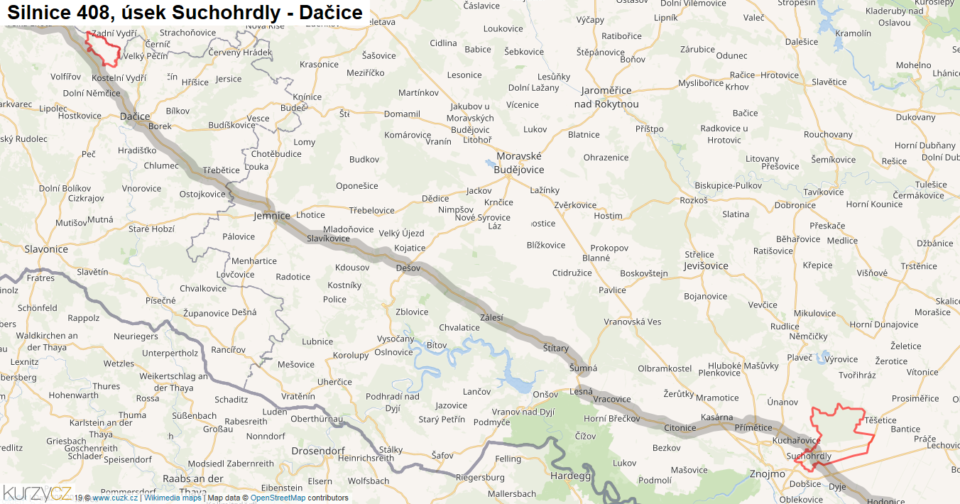 Úsek Suchohrdly - Dačice, Silnice 408 - Mapa