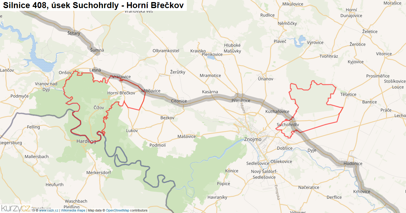 Úsek Suchohrdly - Horní Břečkov, Silnice 408 - Mapa