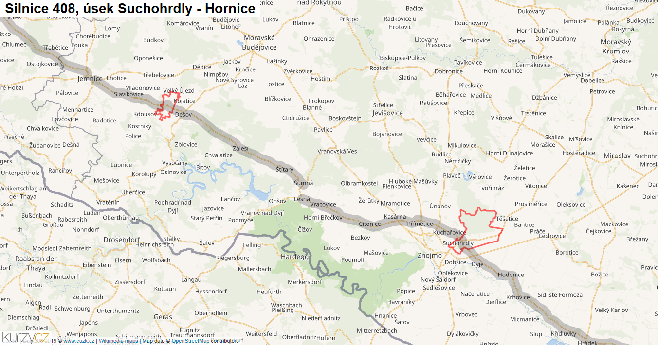 Úsek Suchohrdly - Hornice, Silnice 408 - Mapa