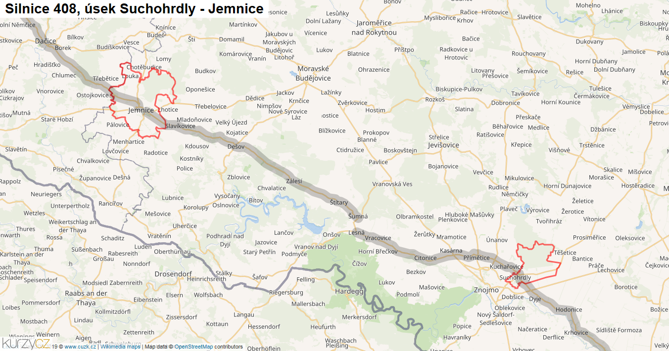 Úsek Suchohrdly - Jemnice, Silnice 408 - Mapa