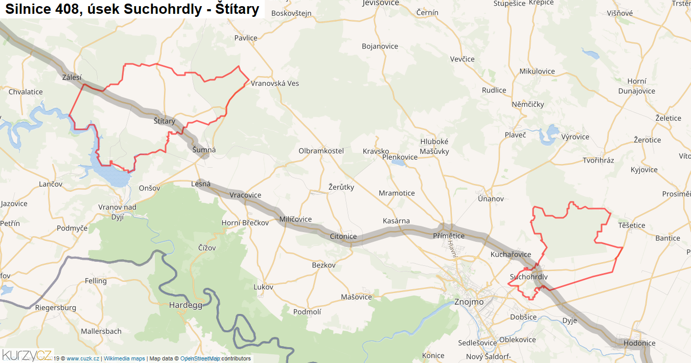 Úsek Suchohrdly - Štítary, Silnice 408 - Mapa