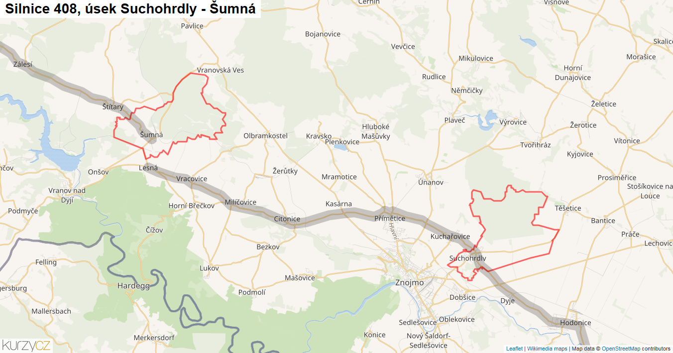 Úsek Suchohrdly - Šumná, Silnice 408 - Mapa