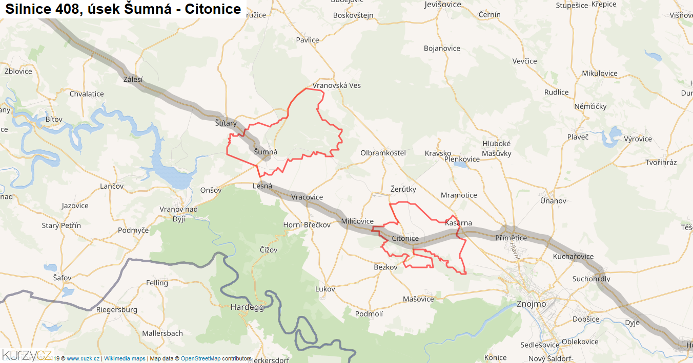 Úsek Šumná - Citonice, Silnice 408 - Mapa