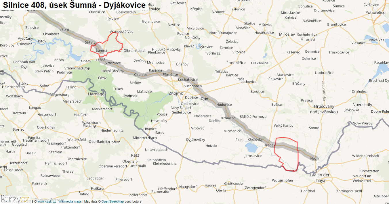 Úsek Šumná - Dyjákovice, Silnice 408 - Mapa