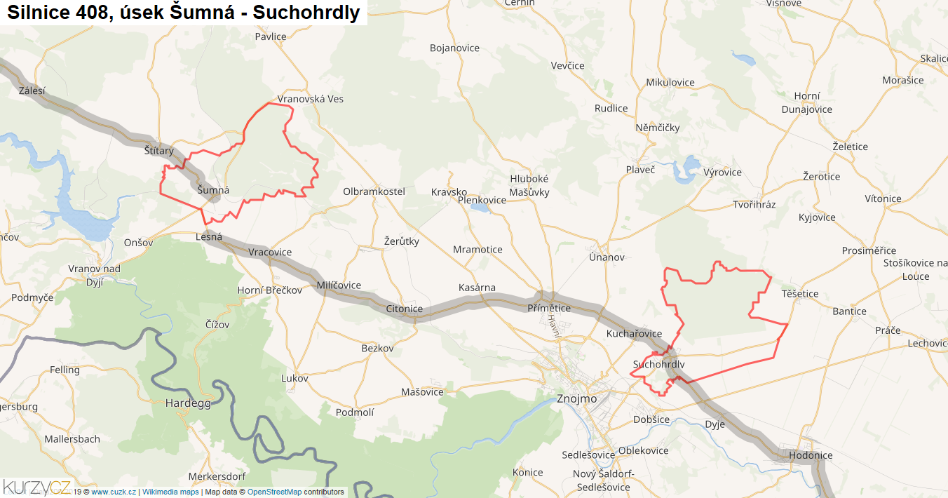 Úsek Šumná - Suchohrdly, Silnice 408 - Mapa