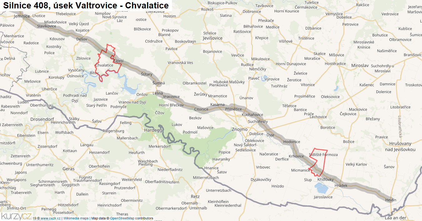 Úsek Valtrovice - Chvalatice, Silnice 408 - Mapa