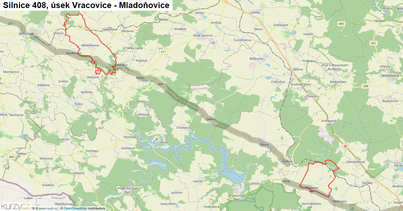 Úsek Vracovice - Mladoňovice, Silnice 408 - Mapa
