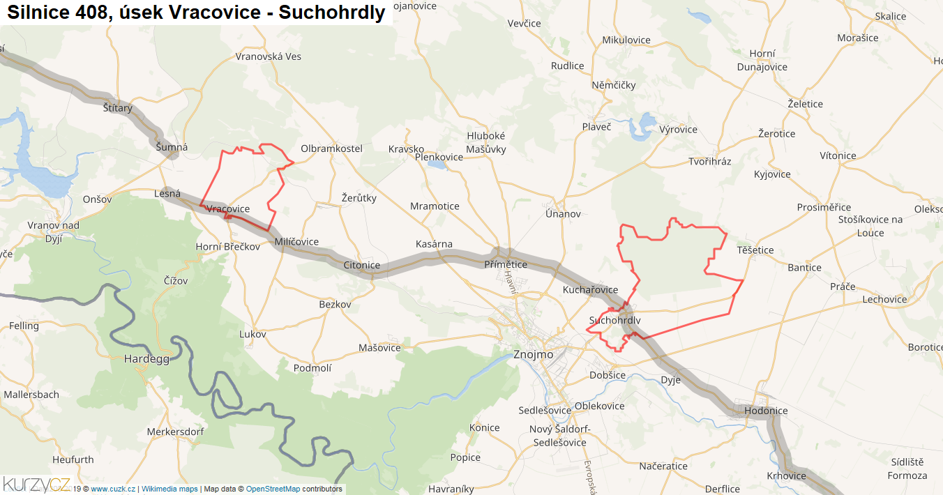 Úsek Vracovice - Suchohrdly, Silnice 408 - Mapa