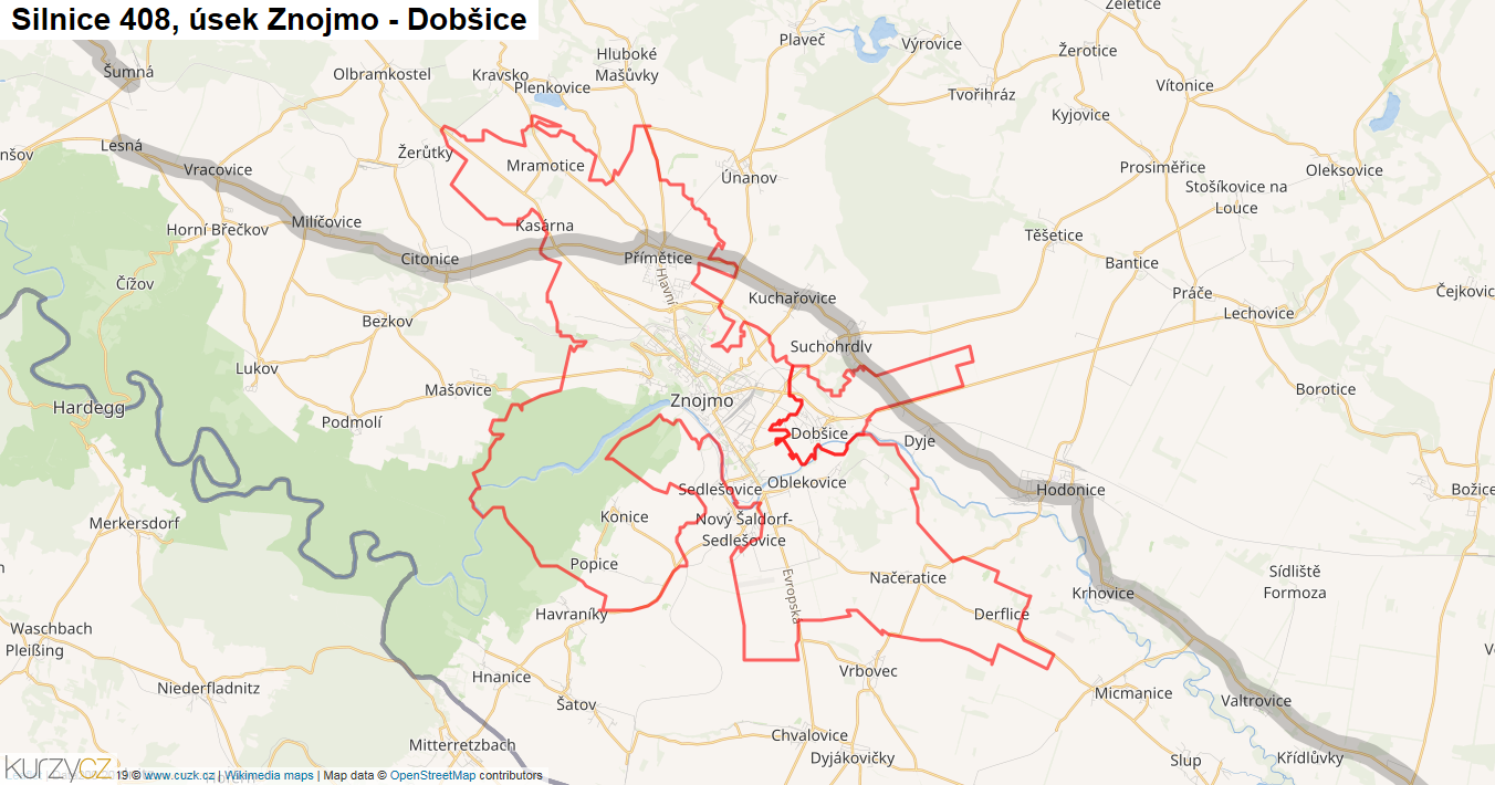 Úsek Znojmo - Dobšice, Silnice 408 - Mapa