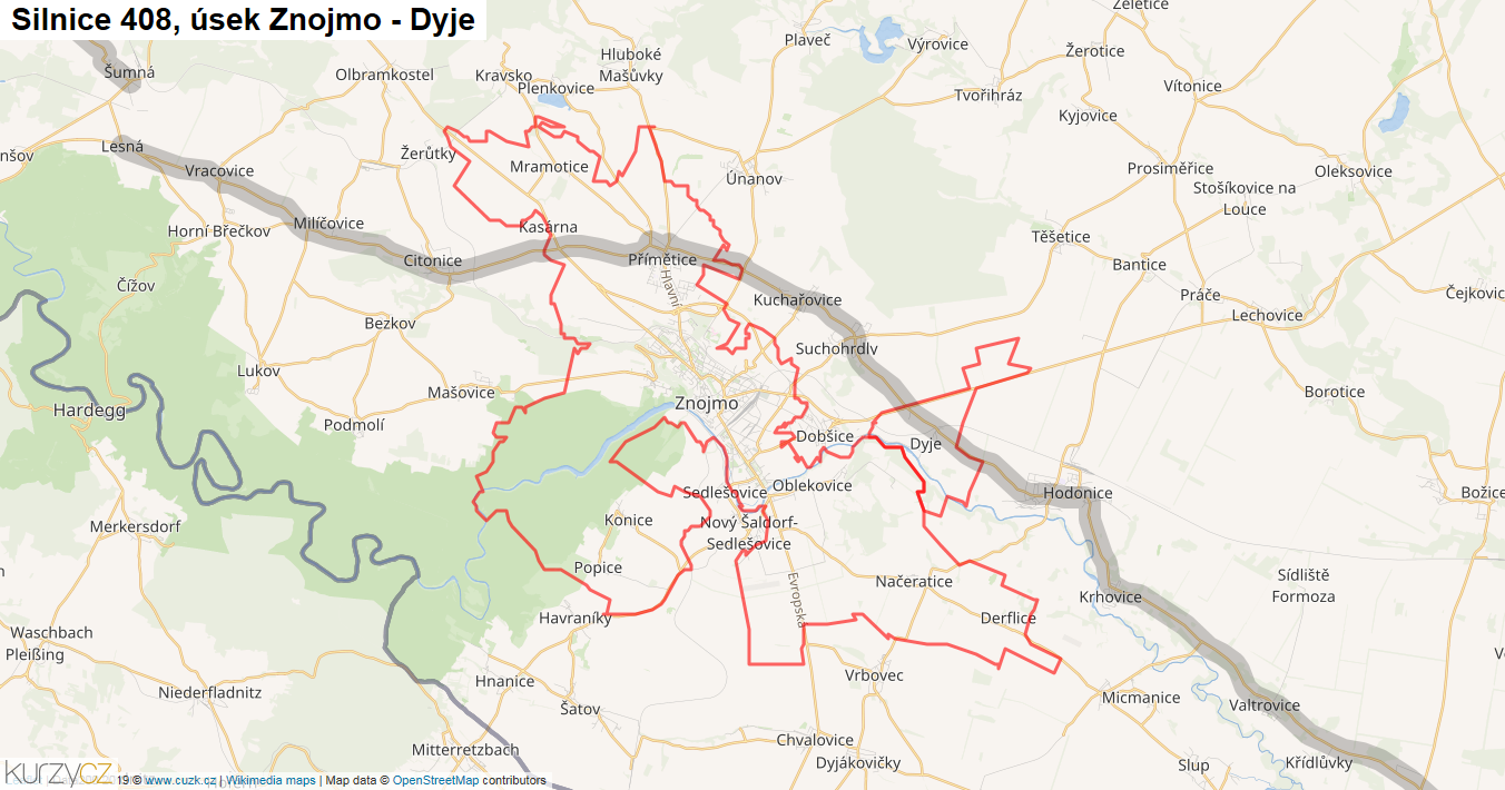 Úsek Znojmo - Dyje, Silnice 408 - Mapa