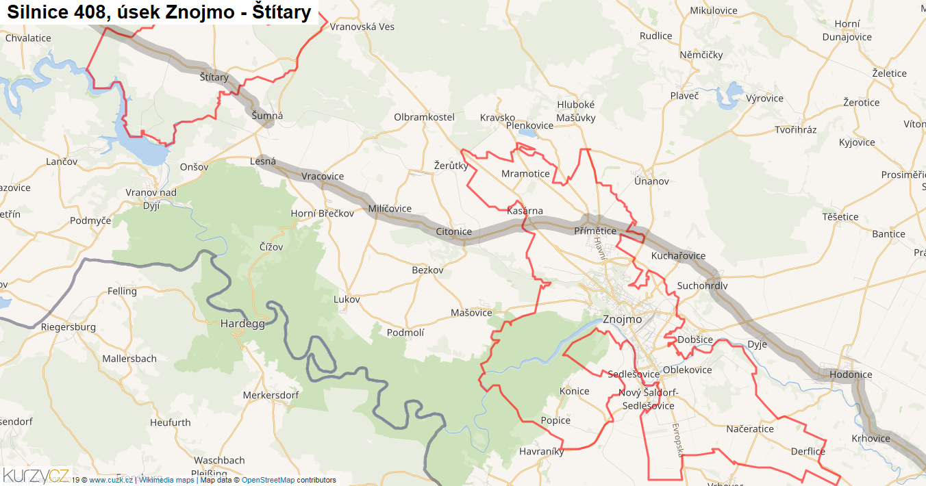 Úsek Znojmo - Štítary, Silnice 408 - Mapa