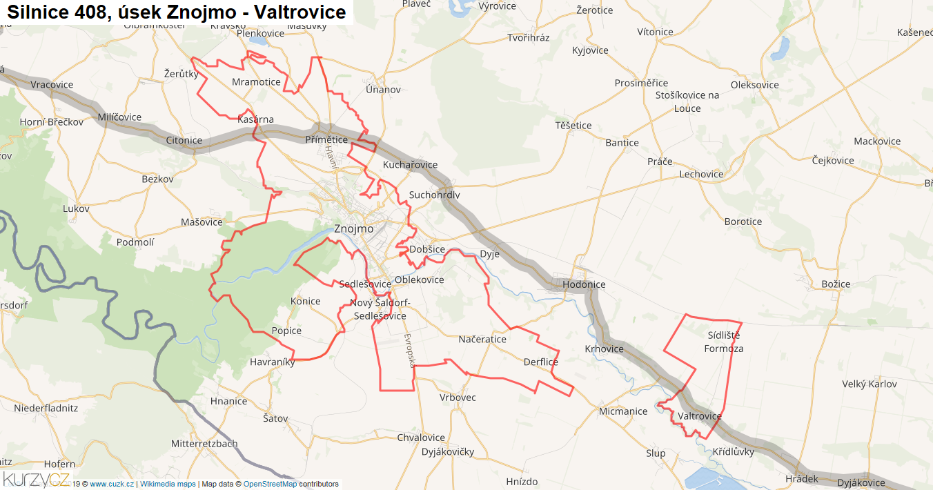 Úsek Znojmo - Valtrovice, Silnice 408 - Mapa