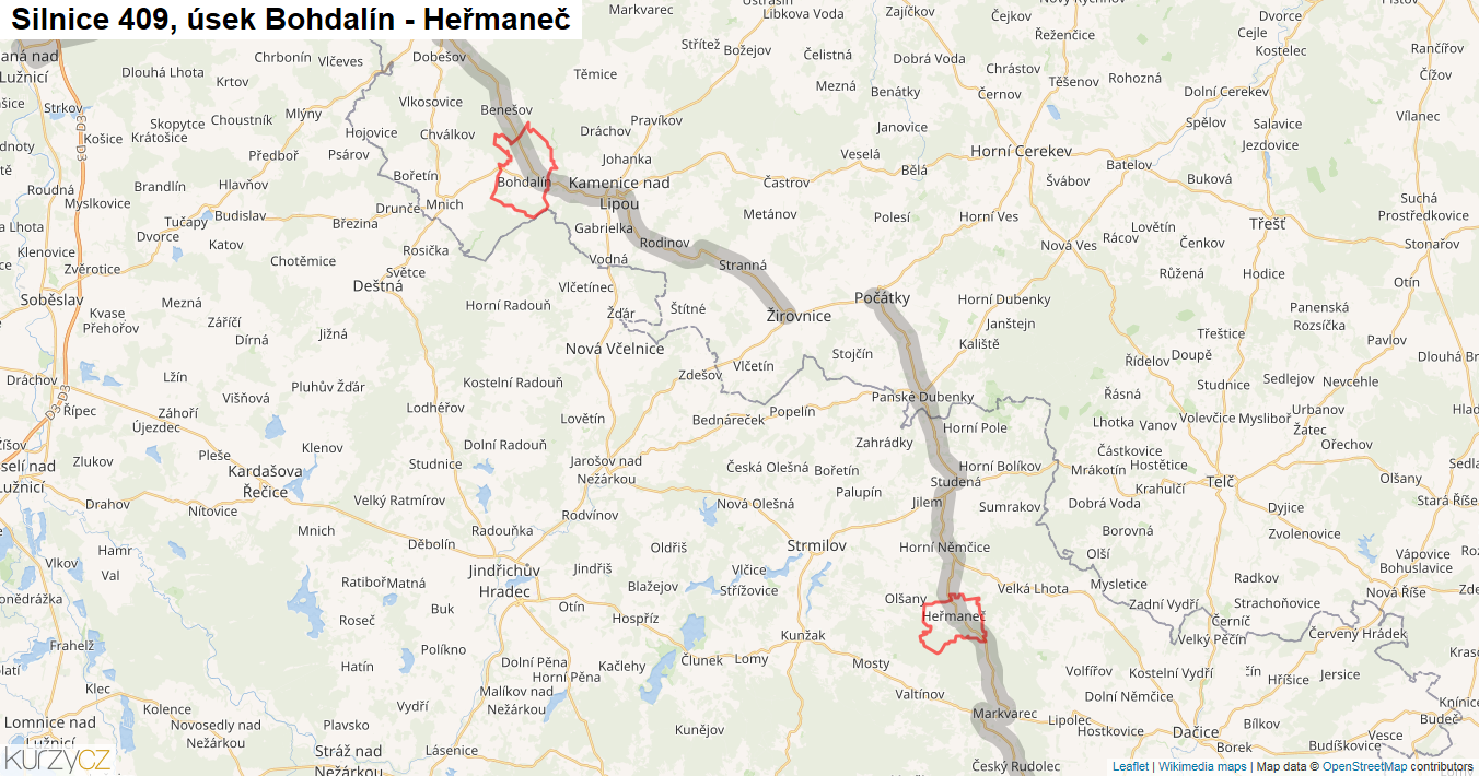 Úsek Bohdalín - Heřmaneč, Silnice 409 - Mapa