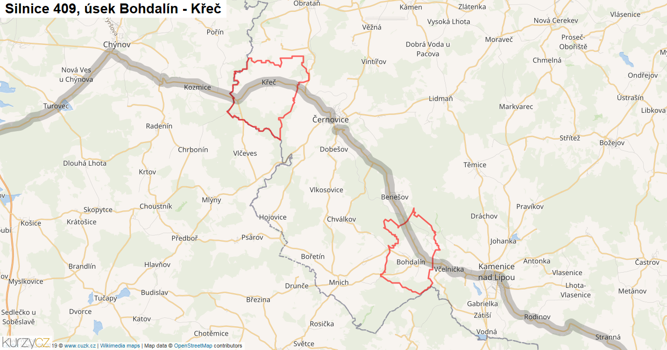 Úsek Bohdalín - Křeč, Silnice 409 - Mapa