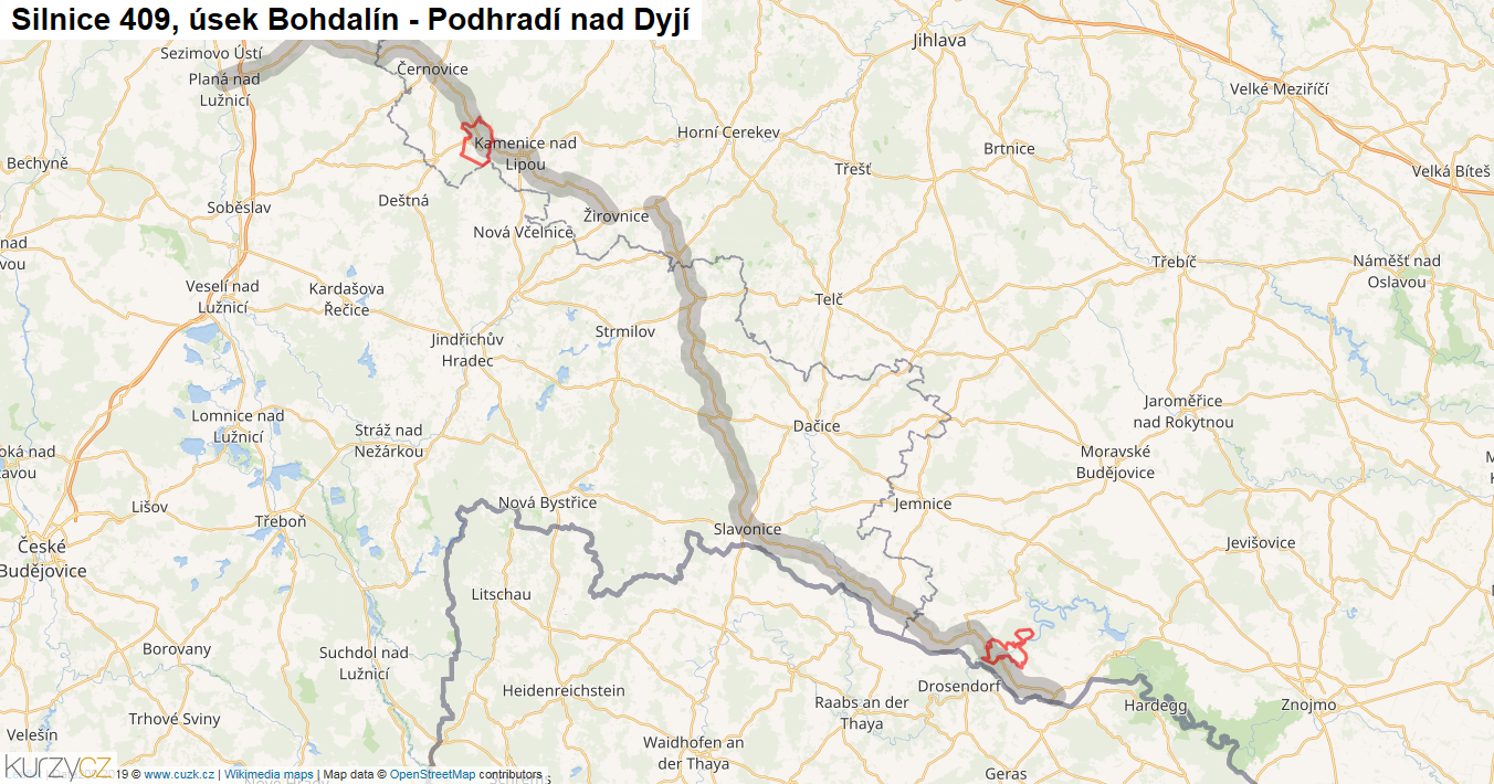 Úsek Bohdalín - Podhradí nad Dyjí, Silnice 409 - Mapa