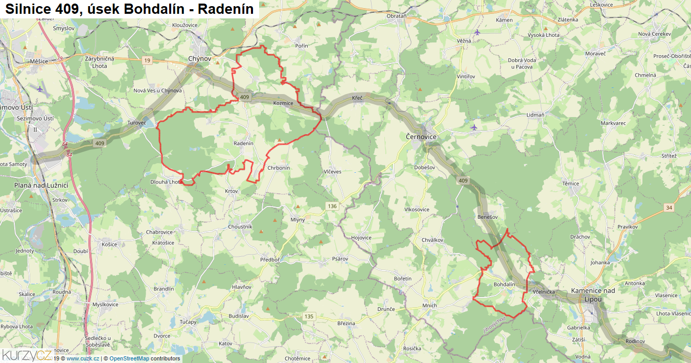 Úsek Bohdalín - Radenín, Silnice 409 - Mapa