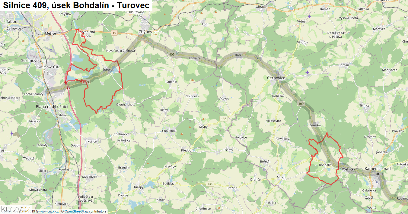 Úsek Bohdalín - Turovec, Silnice 409 - Mapa