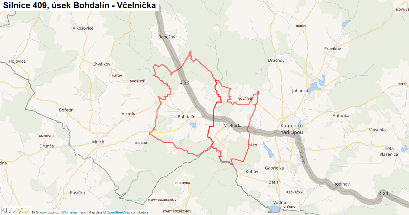 Úsek Bohdalín - Včelnička, Silnice 409 - Mapa