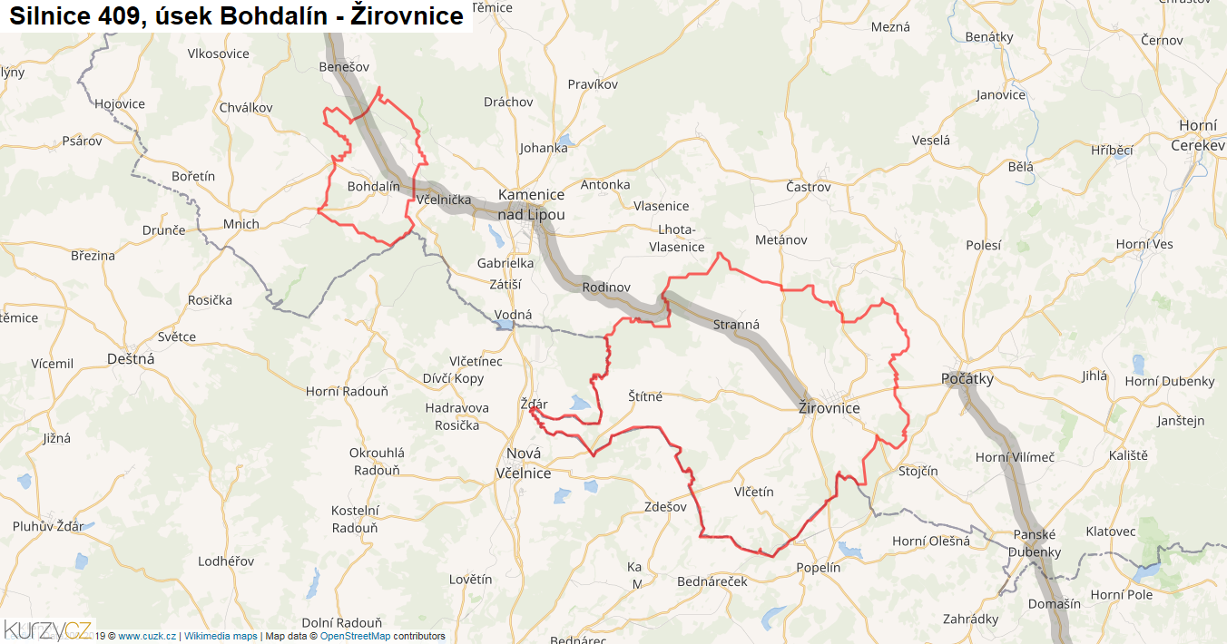 Úsek Bohdalín - Žirovnice, Silnice 409 - Mapa