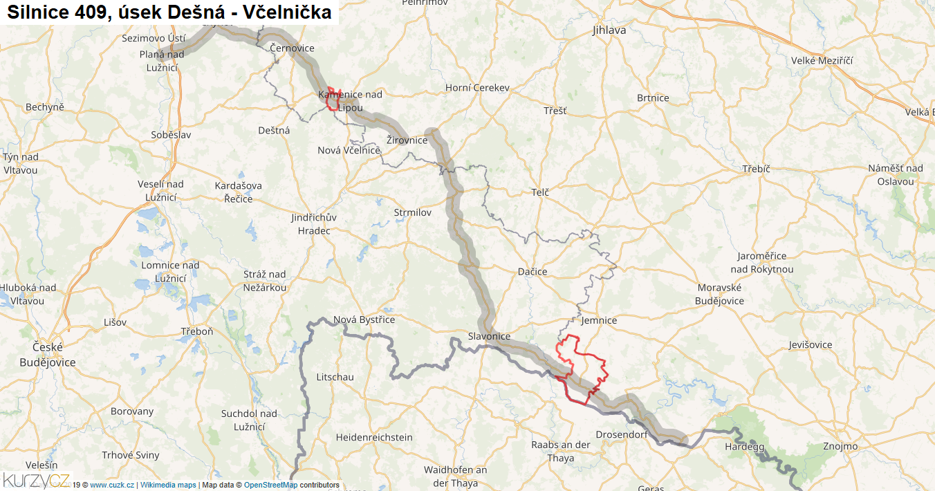 Úsek Dešná - Včelnička, Silnice 409 - Mapa