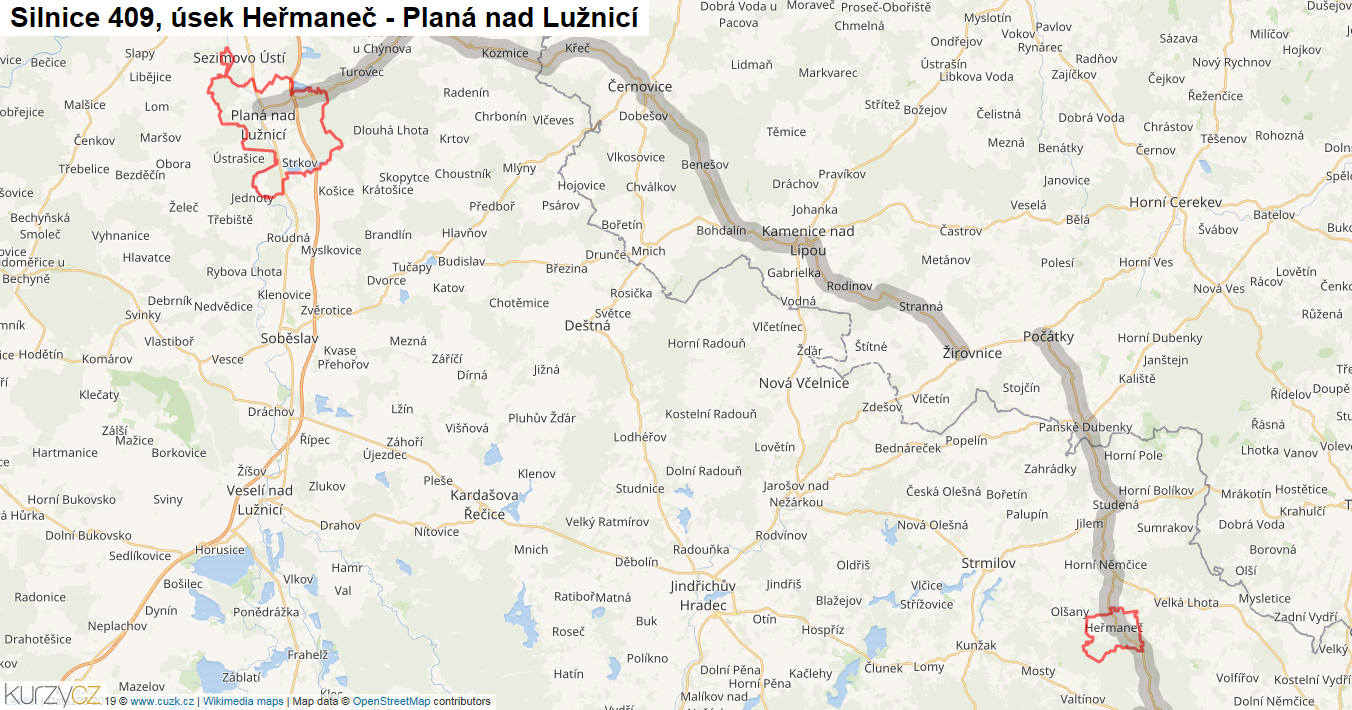 Úsek Heřmaneč - Planá nad Lužnicí, Silnice 409 - Mapa