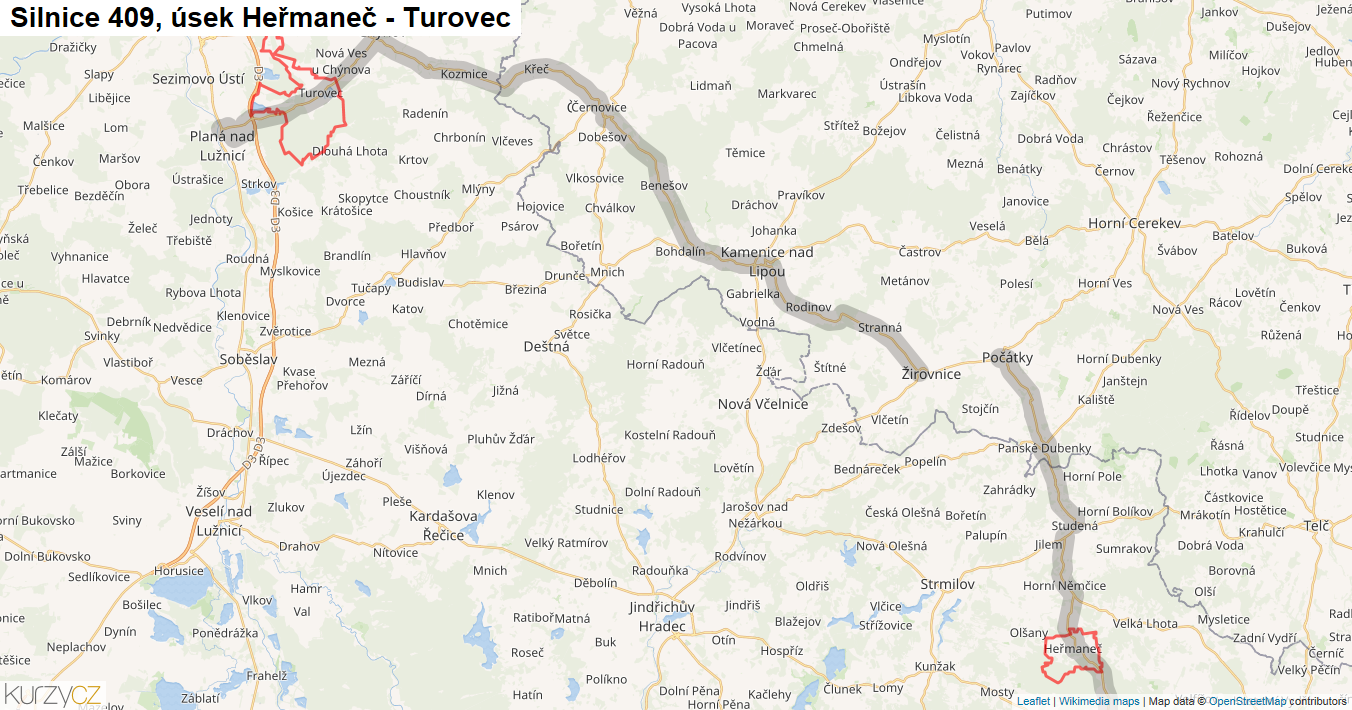 Úsek Heřmaneč - Turovec, Silnice 409 - Mapa