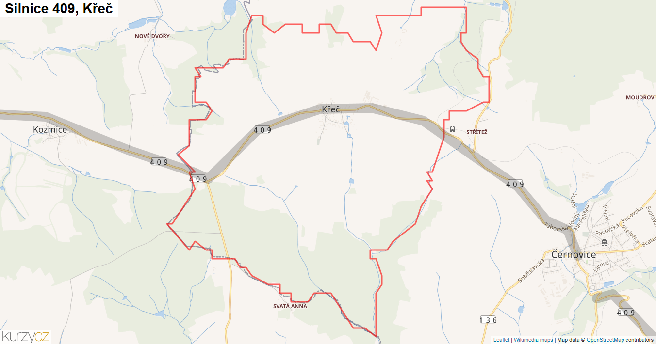 Křeč, Silnice 409 - Mapa