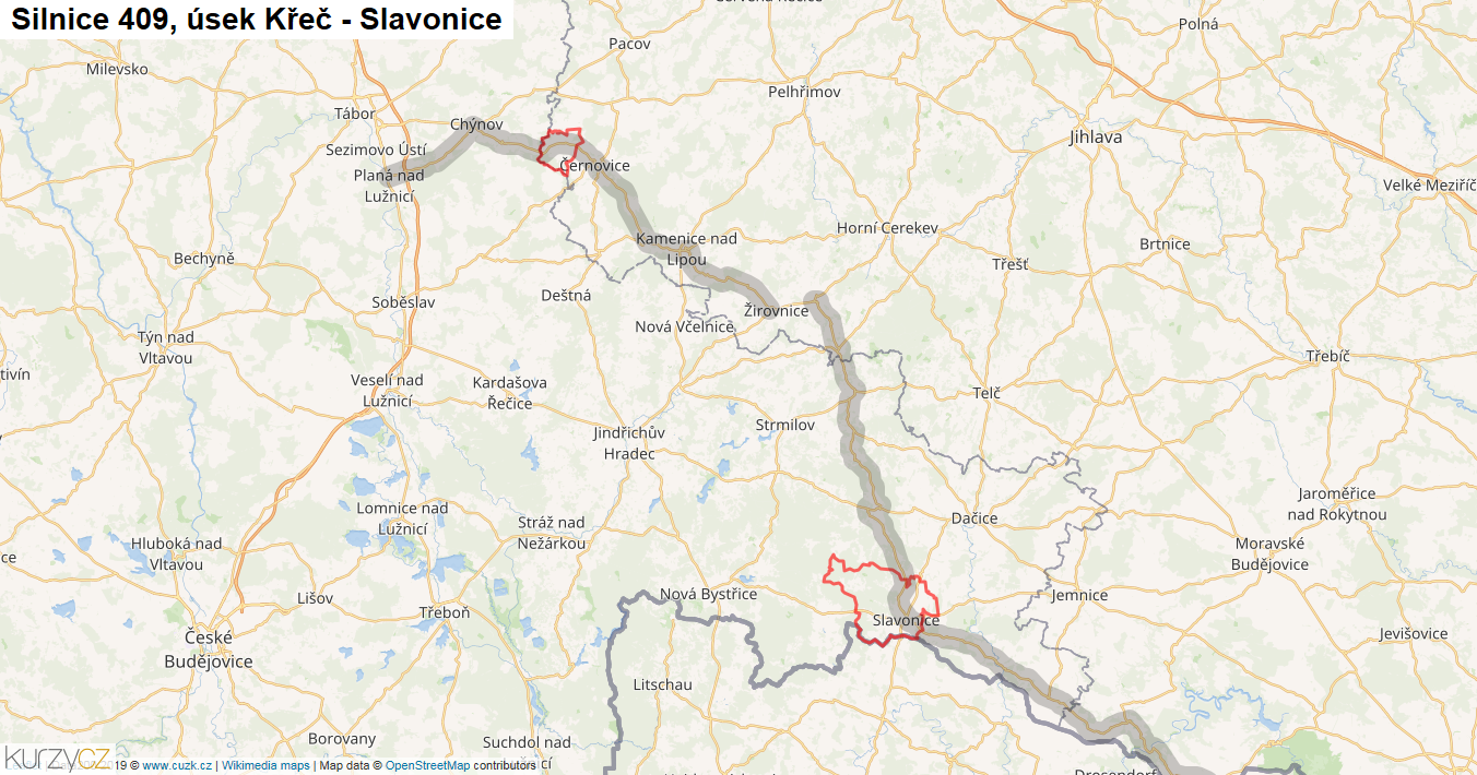 Úsek Křeč - Slavonice, Silnice 409 - Mapa