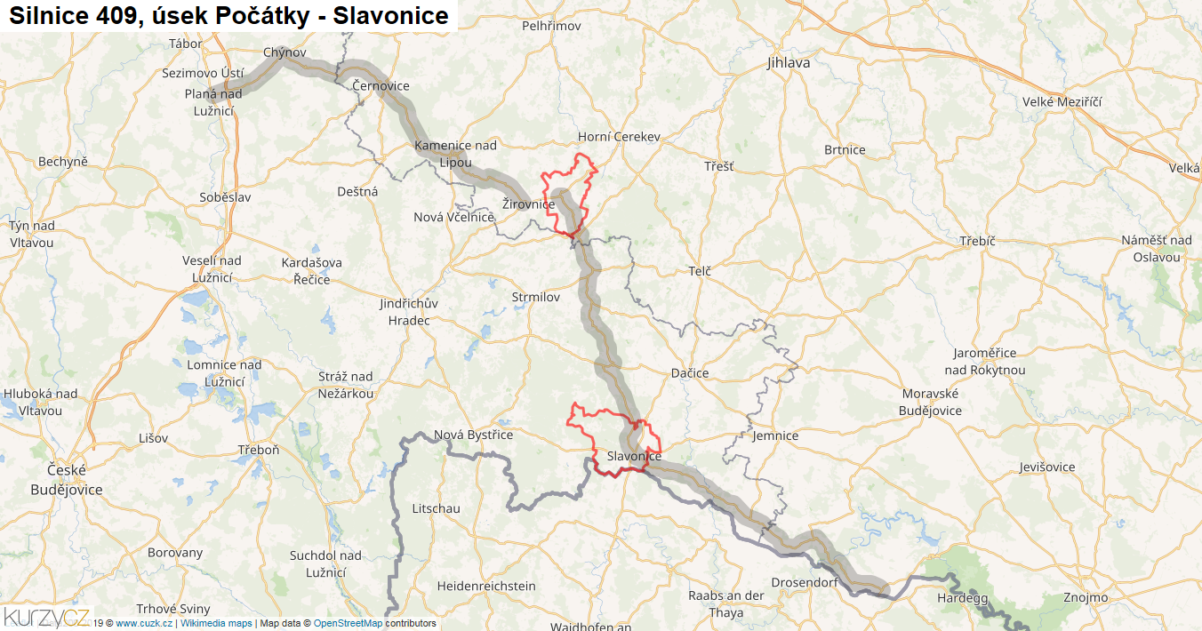 Úsek Počátky - Slavonice, Silnice 409 - Mapa