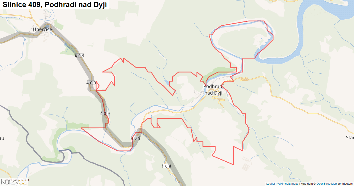 Podhradí nad Dyjí, Silnice 409 - Mapa