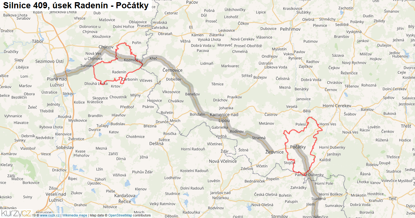 Úsek Radenín - Počátky, Silnice 409 - Mapa