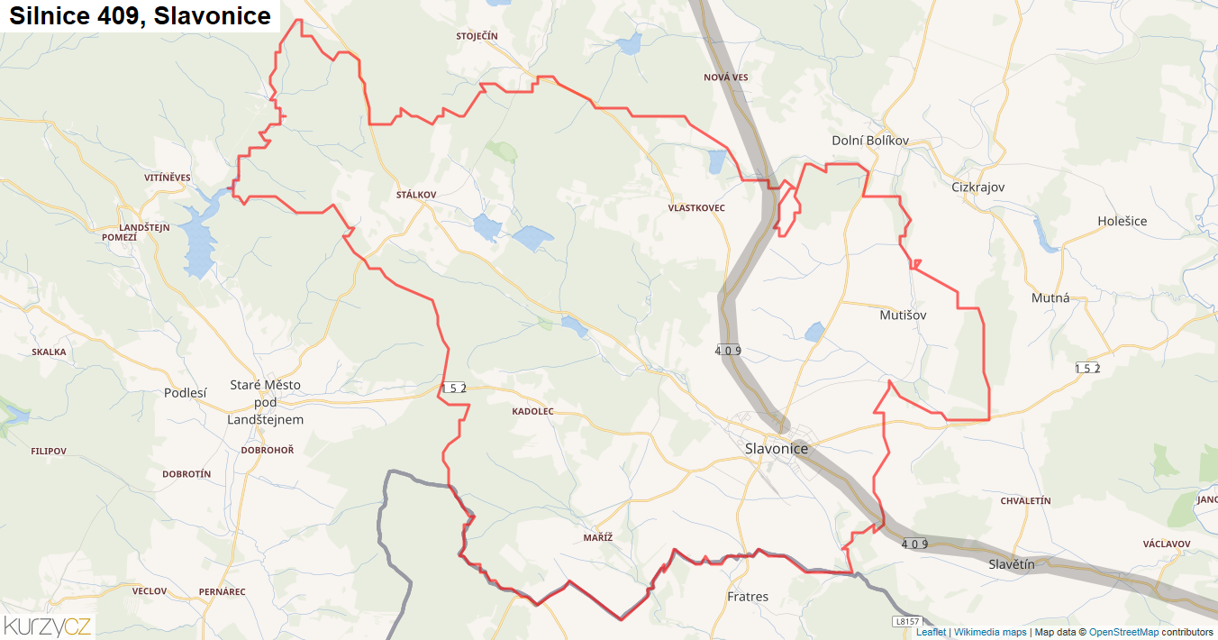 Slavonice, Silnice 409 - Mapa