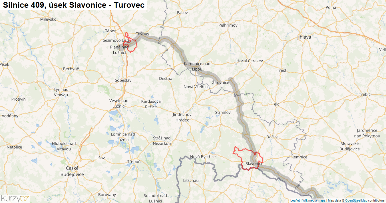 Úsek Slavonice - Turovec, Silnice 409 - Mapa