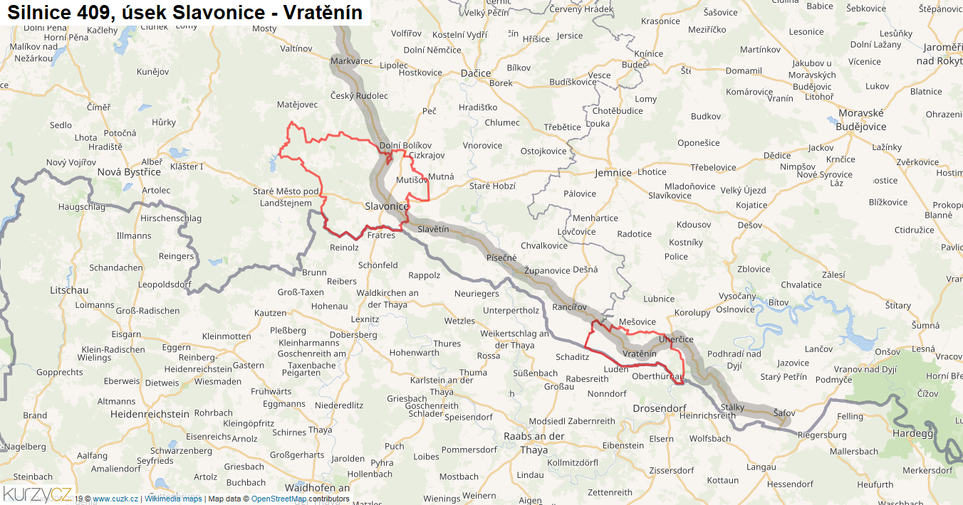 Úsek Slavonice - Vratěnín, Silnice 409 - Mapa