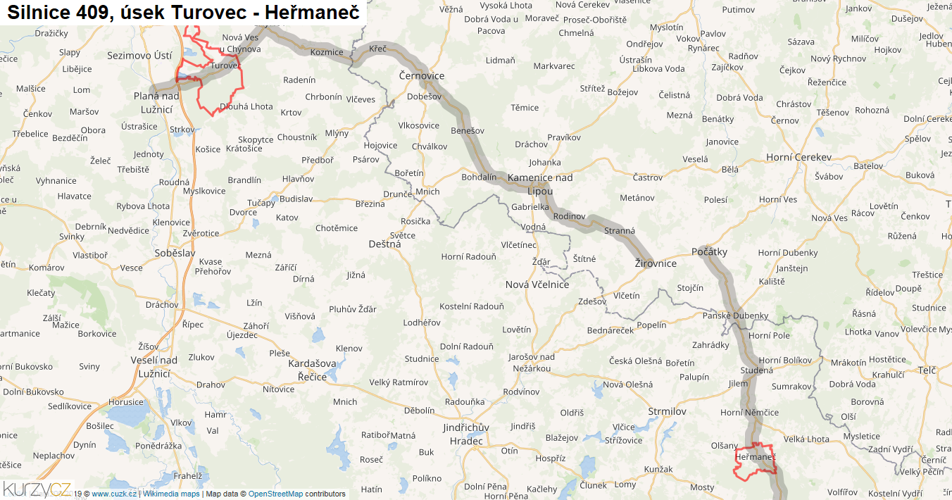 Úsek Turovec - Heřmaneč, Silnice 409 - Mapa