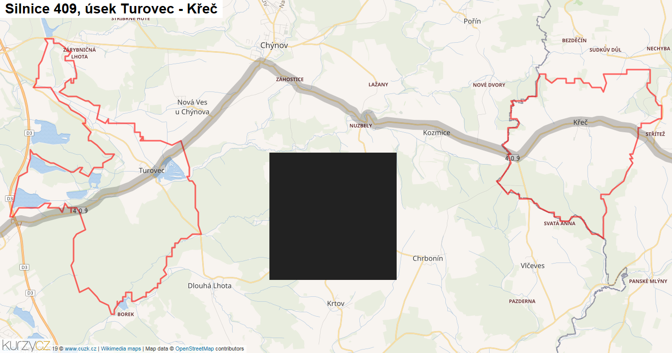 Úsek Turovec - Křeč, Silnice 409 - Mapa