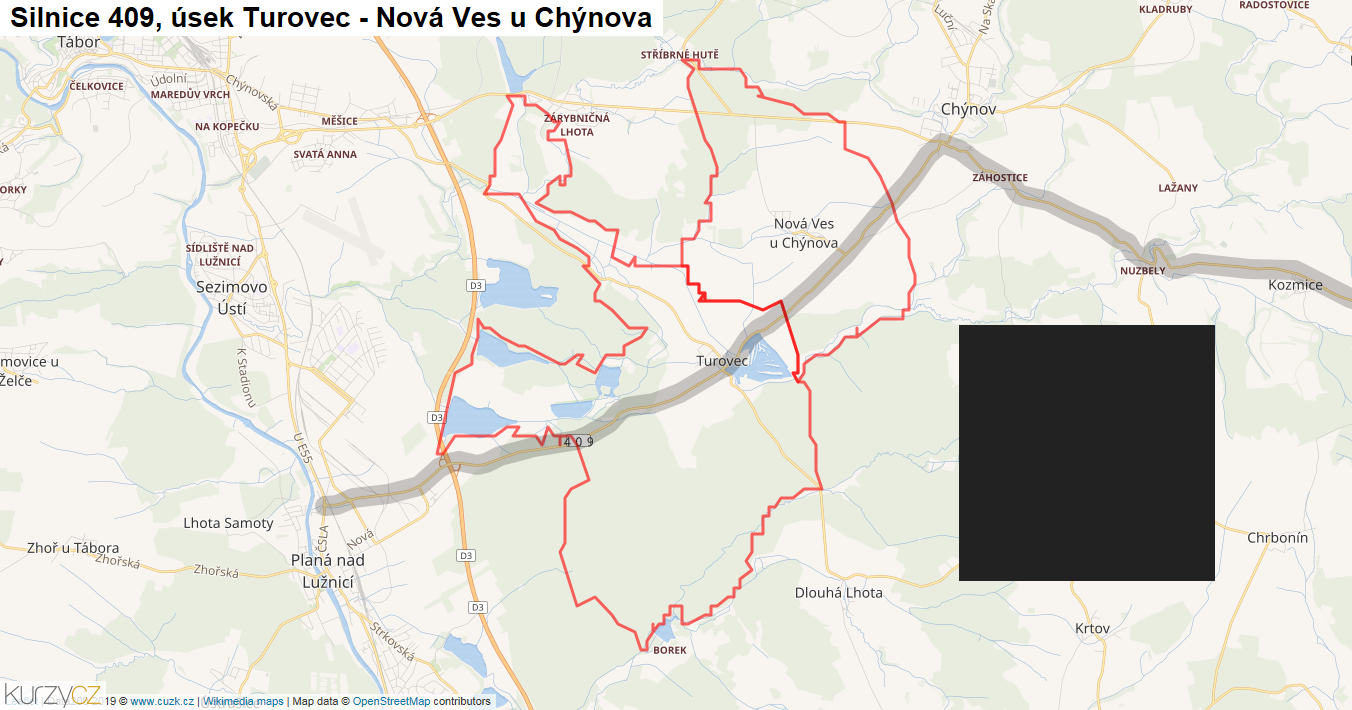Úsek Turovec - Nová Ves u Chýnova, Silnice 409 - Mapa