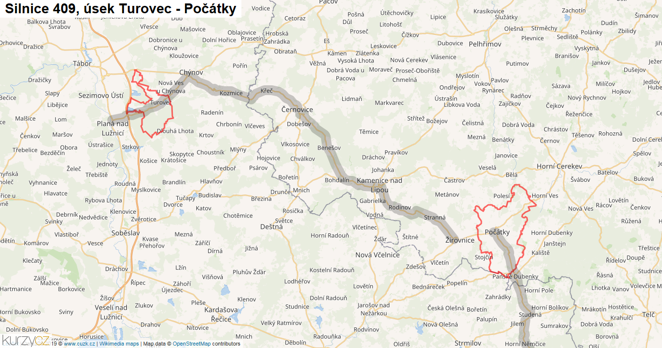 Úsek Turovec - Počátky, Silnice 409 - Mapa