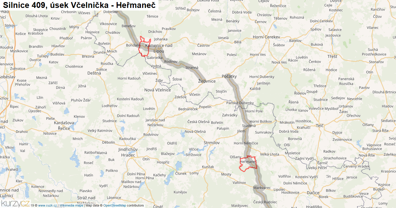 Úsek Včelnička - Heřmaneč, Silnice 409 - Mapa