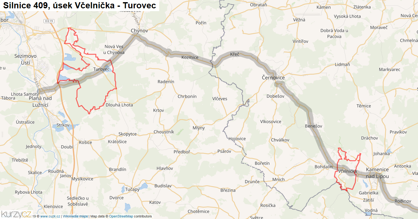Úsek Včelnička - Turovec, Silnice 409 - Mapa