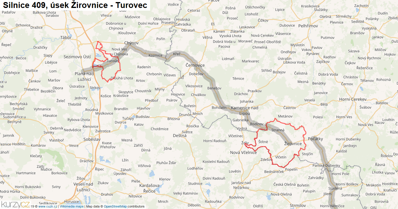 Úsek Žirovnice - Turovec, Silnice 409 - Mapa