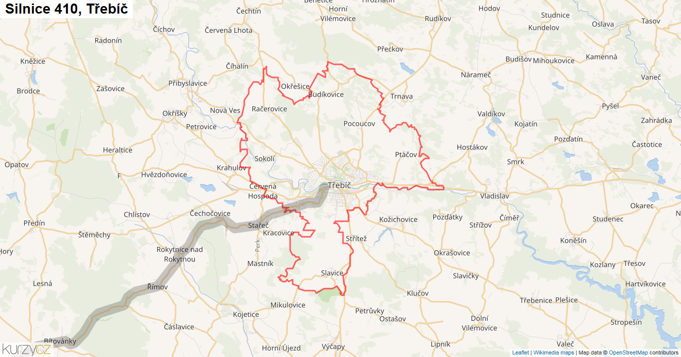 Třebíč, Silnice 410 - Mapa