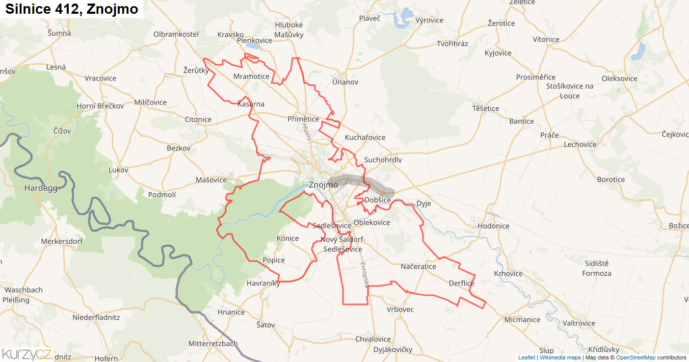 Znojmo, Silnice 412 - Mapa