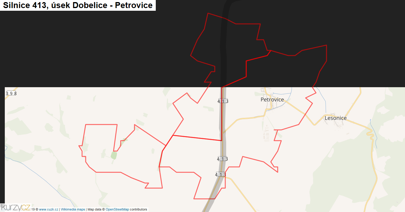Úsek Dobelice - Petrovice, Silnice 413 - Mapa