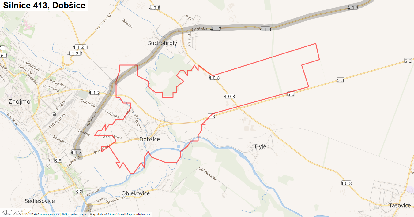 Dobšice, Silnice 413 - Mapa